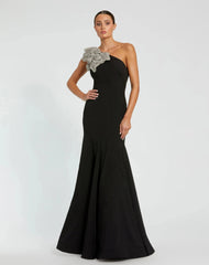 Black Crepe One Shoulder Gown With Crystal Flower