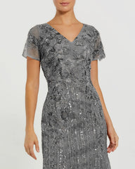 Gray Embellished V Neck Cap Sleeve Trumpet Gown - FINAL SALE
