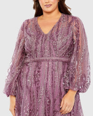 Purple V Neck Puff Sleeve Embroidered A Line Gown (Plus)