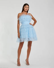 Blue Feathered Strapless Tulle Fit and Flare Dress - FINAL SALE