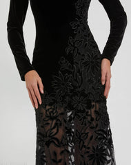 Black Long Sleeve Sheer Floral Embroidered Velvet Gown