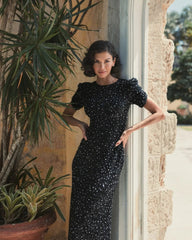 Black Gathered Short Sleeve Beaded Gown