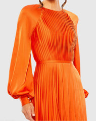 Orange Pleated High Neck Raglan Long Sleeve Side Slit Gown