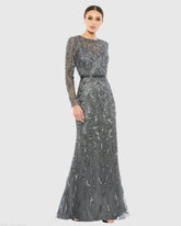 Dark Gray Long Sleeve Beaded Evening Gown