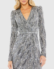 Gray Long Sleeve V Neck Beaded Cocktail Dress
