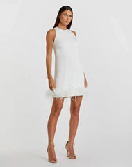 White Feathered Hem High Neck Sleeveless Trapeze Dress