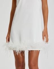 White Feathered Hem High Neck Sleeveless Trapeze Dress