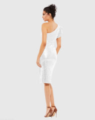 White Sequined Flutter One Shoulder Fitted Midi Dress - FINAL SALE
