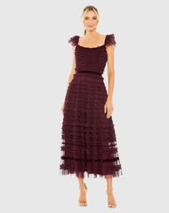 Purple Ruffle Cap Sleeve Tiered Midi Dress