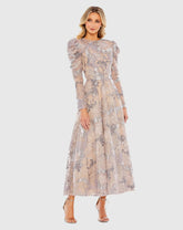 Beige Embellished High Neck Puff Sleeve A-Line Dress