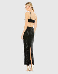 Black Sequined Spaghetti Strap Cut Out Gown - FINAL SALE