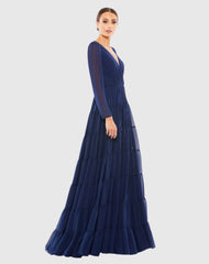 Navy Faux Wrap Illusion Long Sleeve Tiered Gown