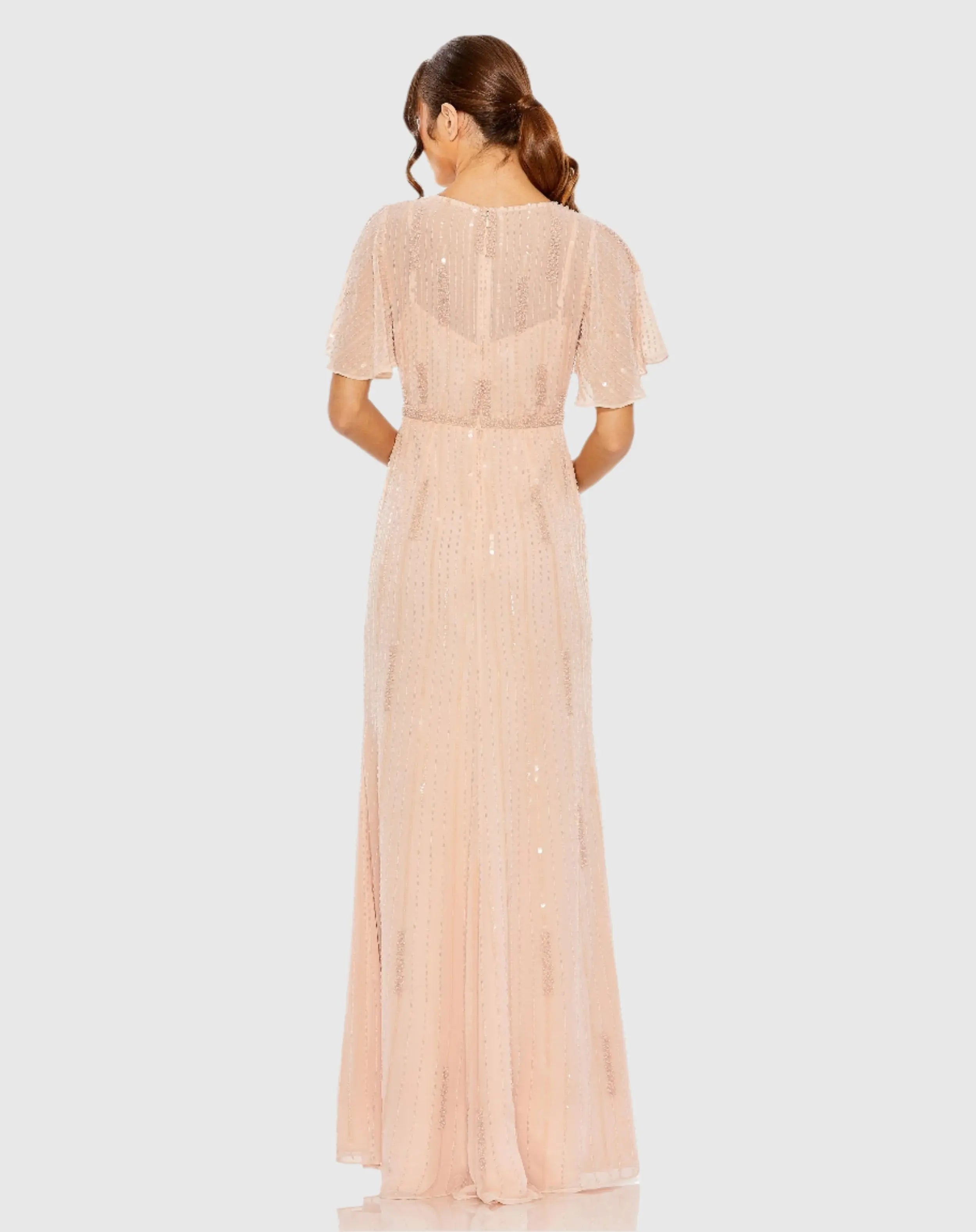 Pink High Neck Flutter Sleeve Embellished Gown