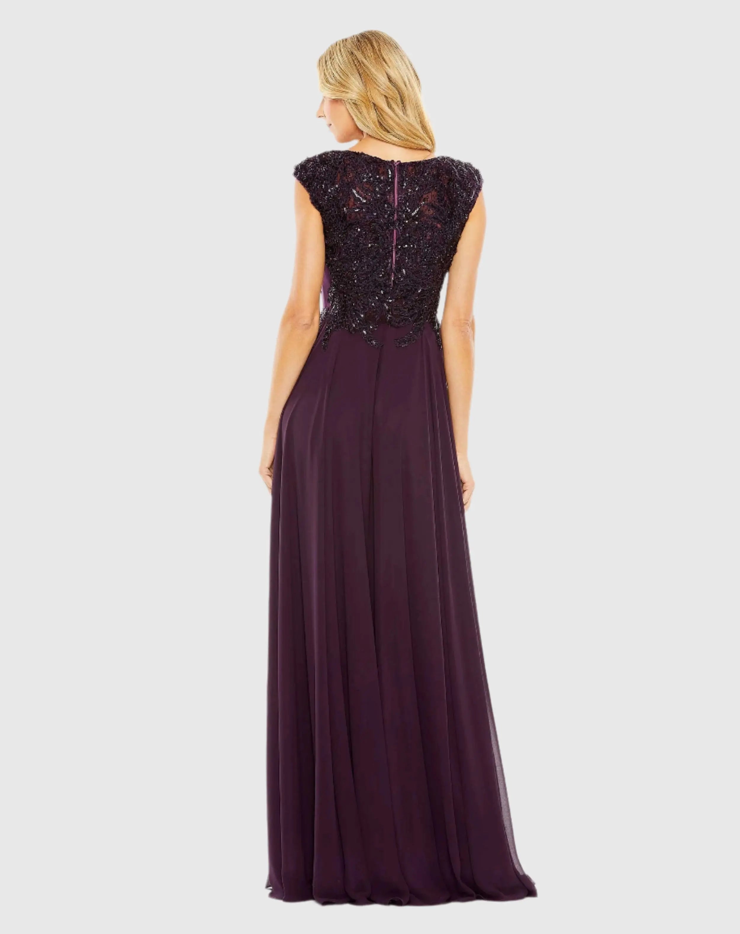 Purple Applique Cap Sleeve Bodice Flowy Gown