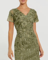 Green Embellished V Neck Cap Sleeve Trumpet Gown