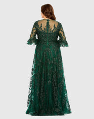 Green High Neck Flutter Sleeve Embroidered A Line Gown (Plus)