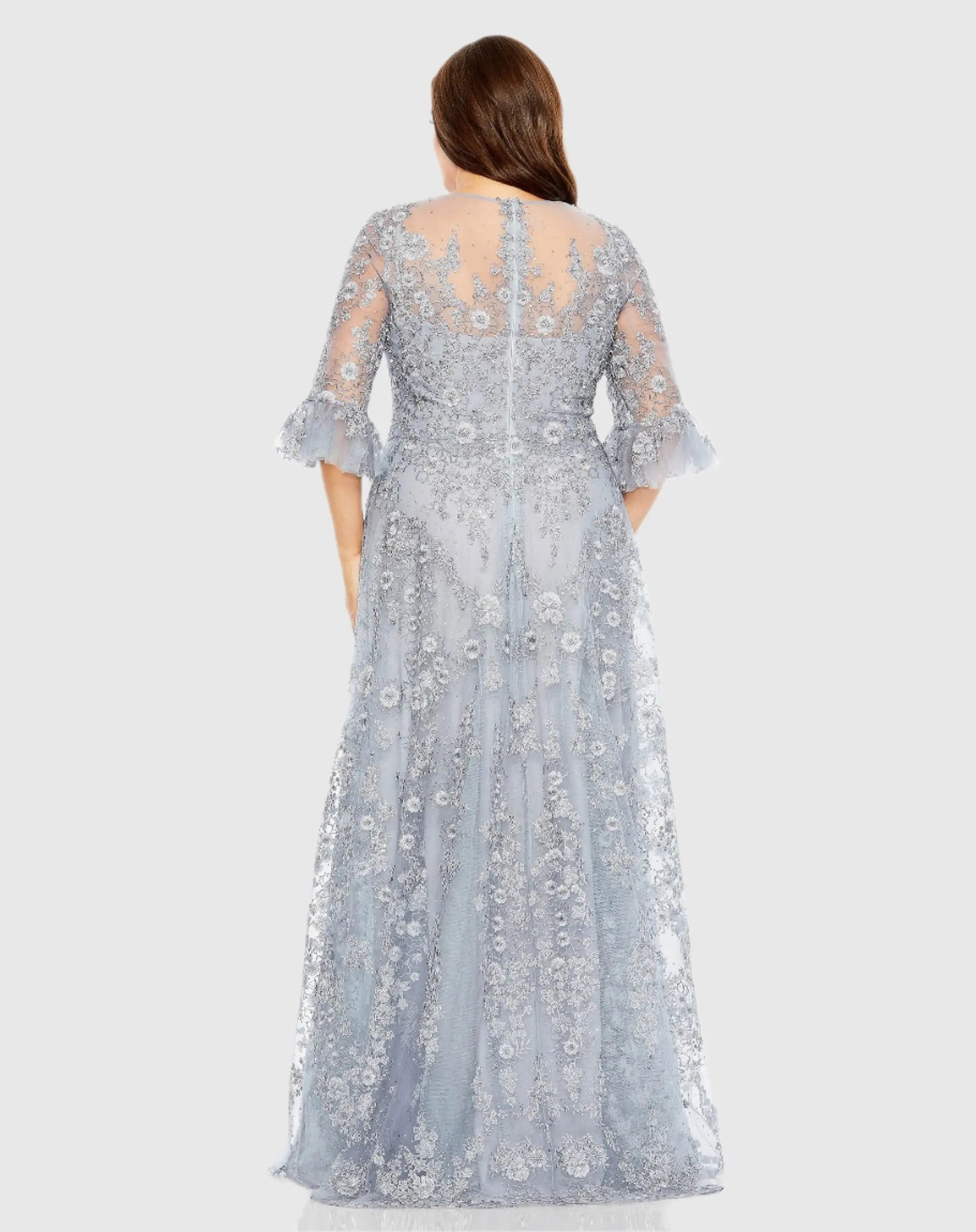 Blue High Neck Flutter Sleeve Embroidered A Line Gown (Plus)