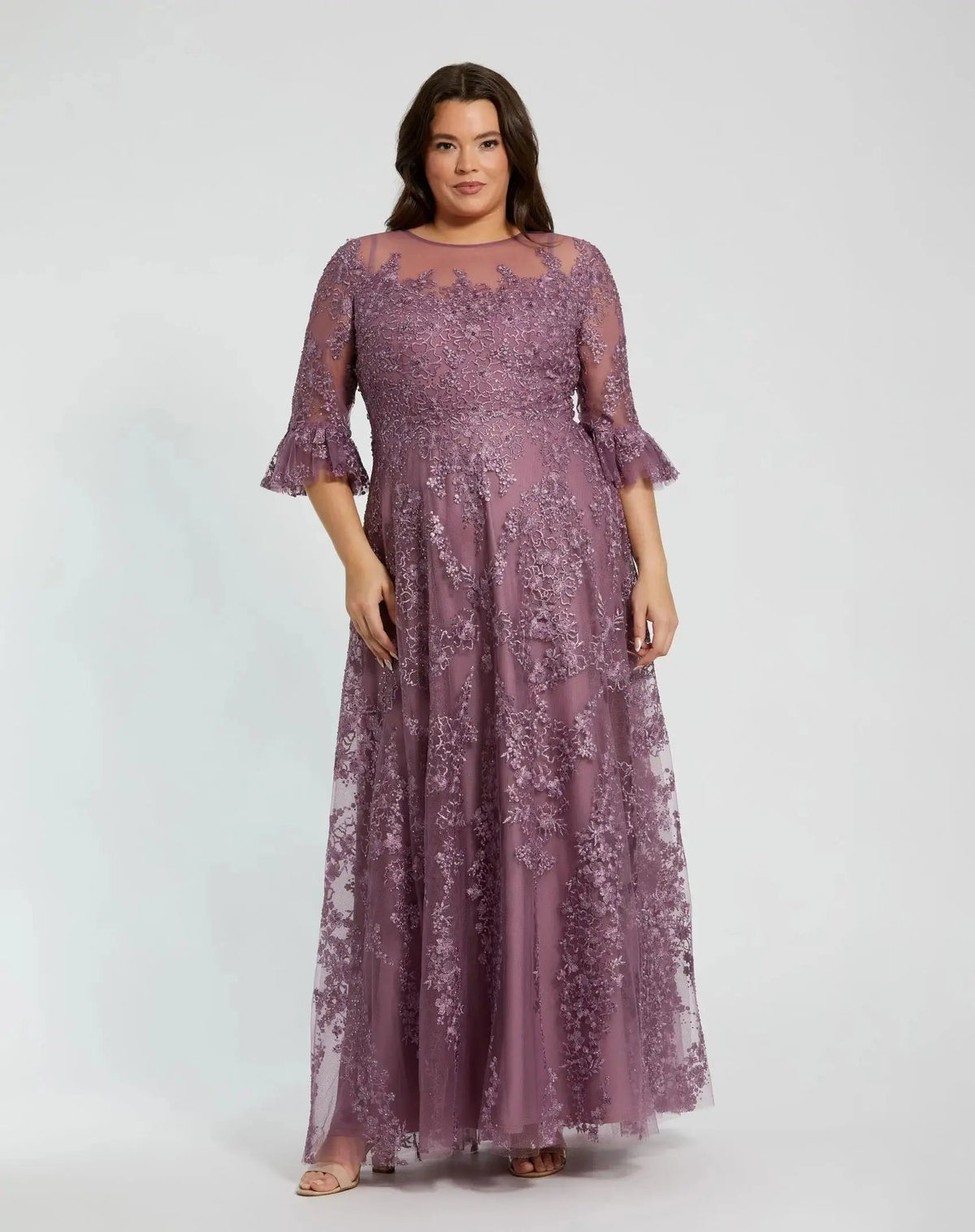 Purple High Neck Flutter Sleeve Embroidered A Line Gown (Plus)