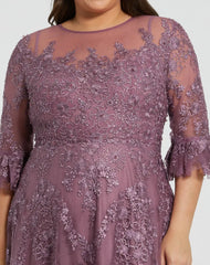 Purple High Neck Flutter Sleeve Embroidered A Line Gown (Plus)
