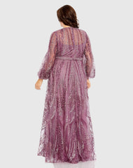 Purple V Neck Puff Sleeve Embroidered A Line Gown (Plus)