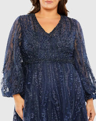 Navy V Neck Puff Sleeve Embroidered A Line Gown (Plus)