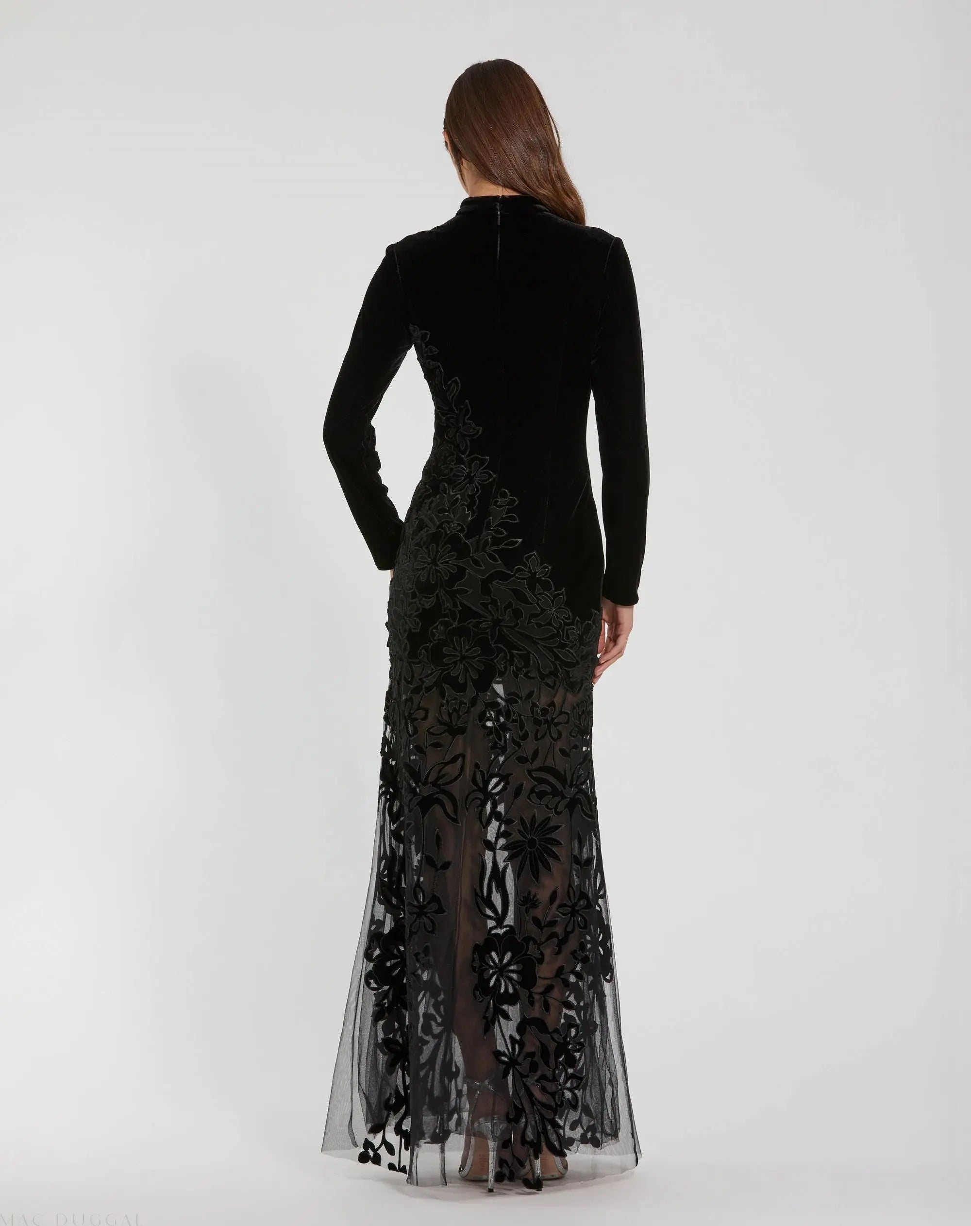 Black Long Sleeve Sheer Floral Embroidered Velvet Gown