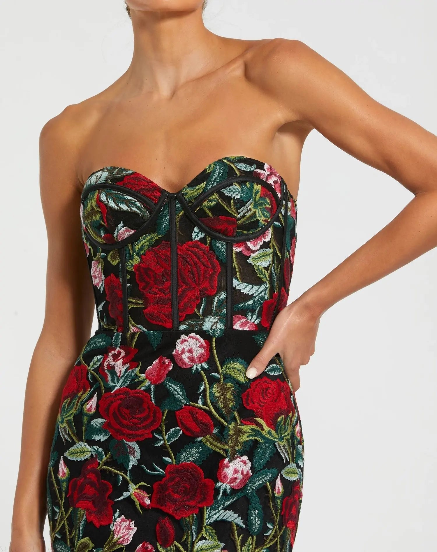 Black Sheer Bustier Top Floral Applique Gown