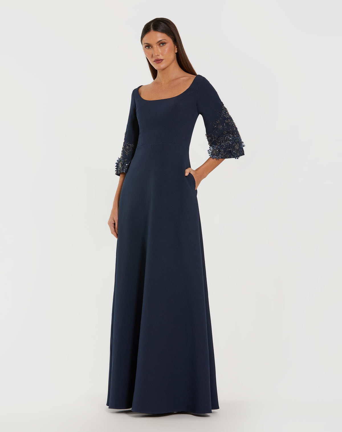 Navy Crepe Gown With Floral Embellished Sleeves