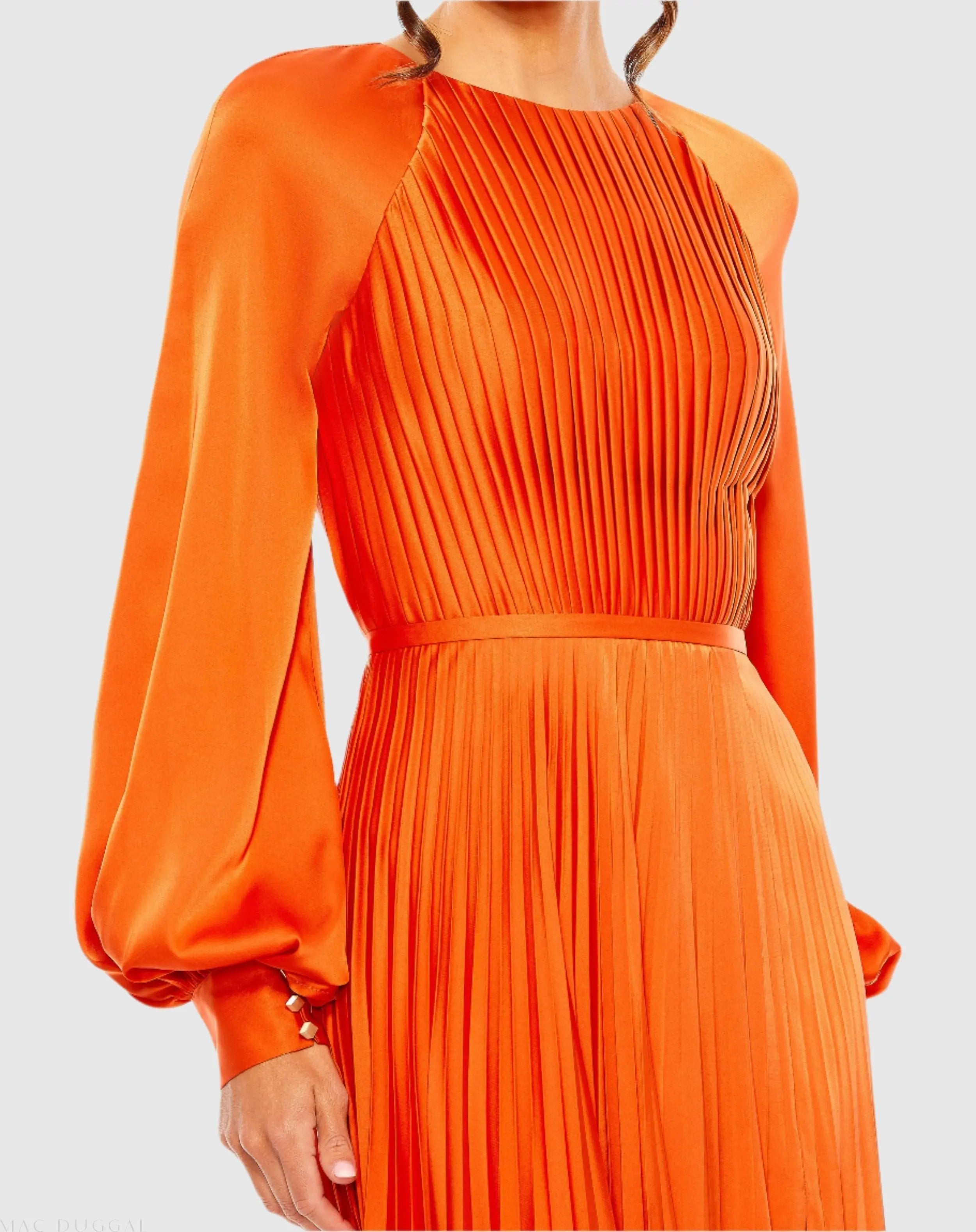 Orange Pleated High Neck Raglan Long Sleeve Side Slit Gown