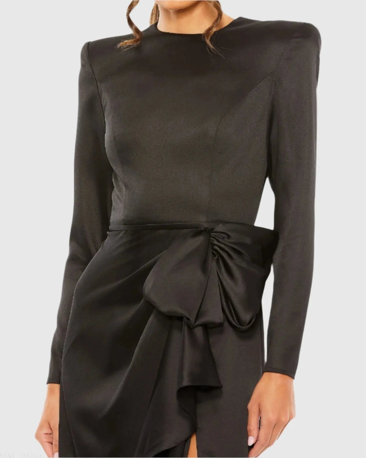 Black Long Sleeve Satin Structured Bow Draped Column Gown