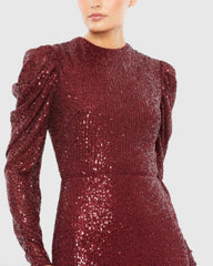 Red Sequined High Neck Puff Long Sleeve Column Gown