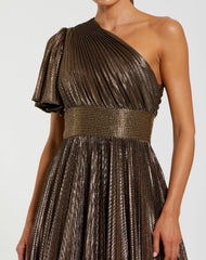 Brown One Shoulder Pleated Metallic Ball Gown