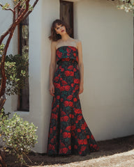 Black Strapless Floral Brocade Mermaid Gown