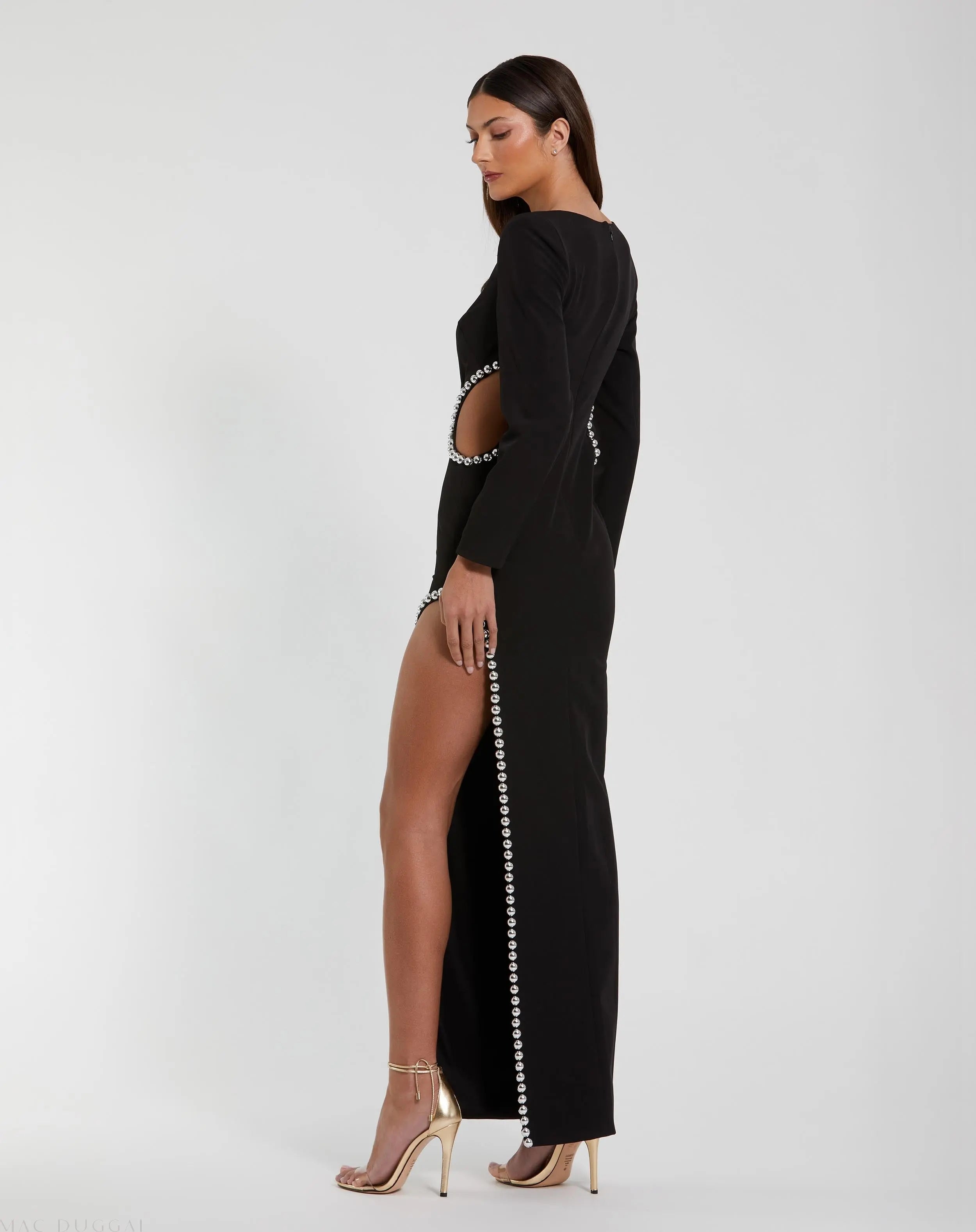 Black Crepe Long Sleeve Gown With Beaded Cut Outs