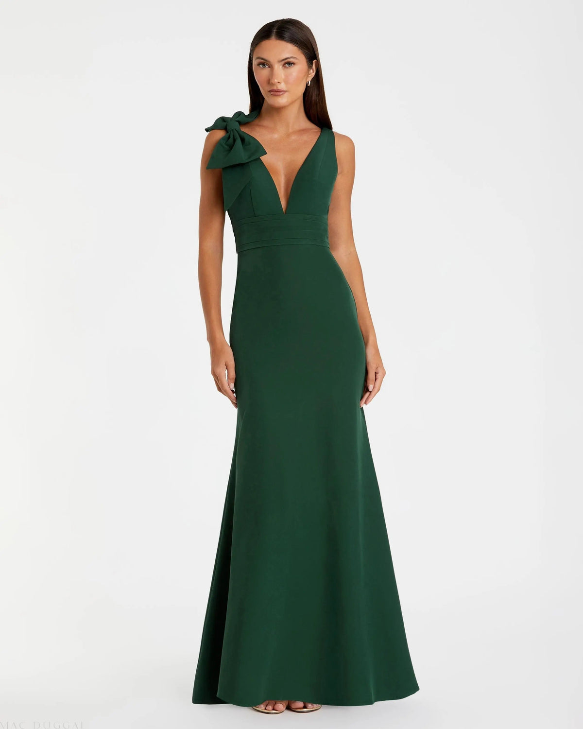 Green Sleeveless V Neck Bow Detail Mermaid Gown