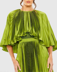 Green Pleated Caplet Tea-length Dress