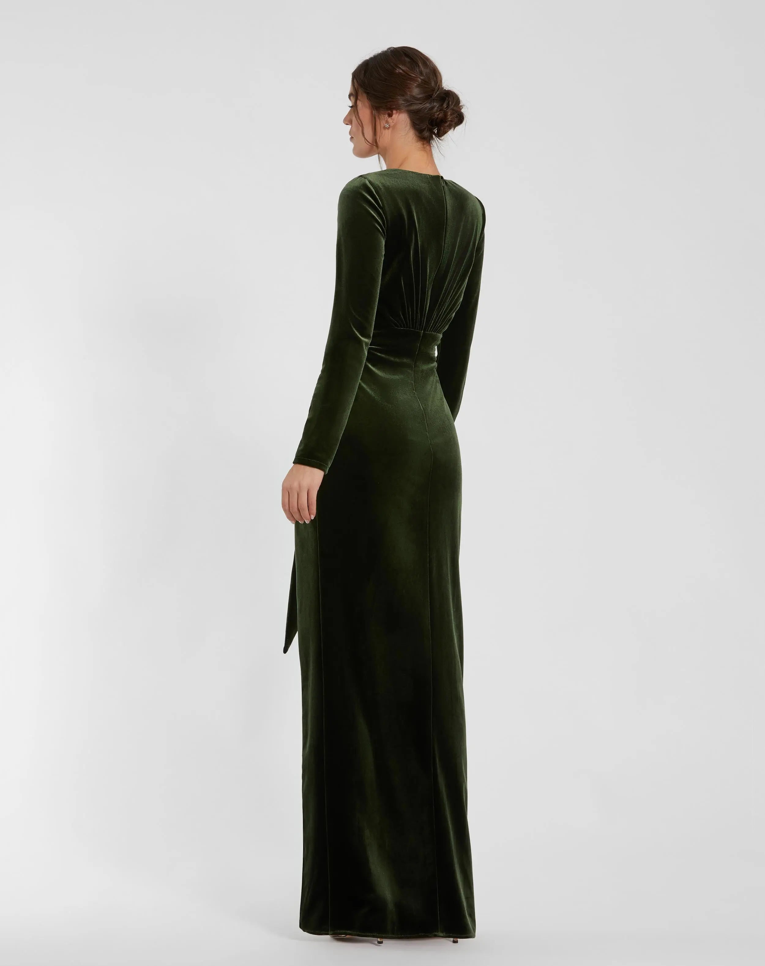Green Ruched Velvet Column Evening Gown