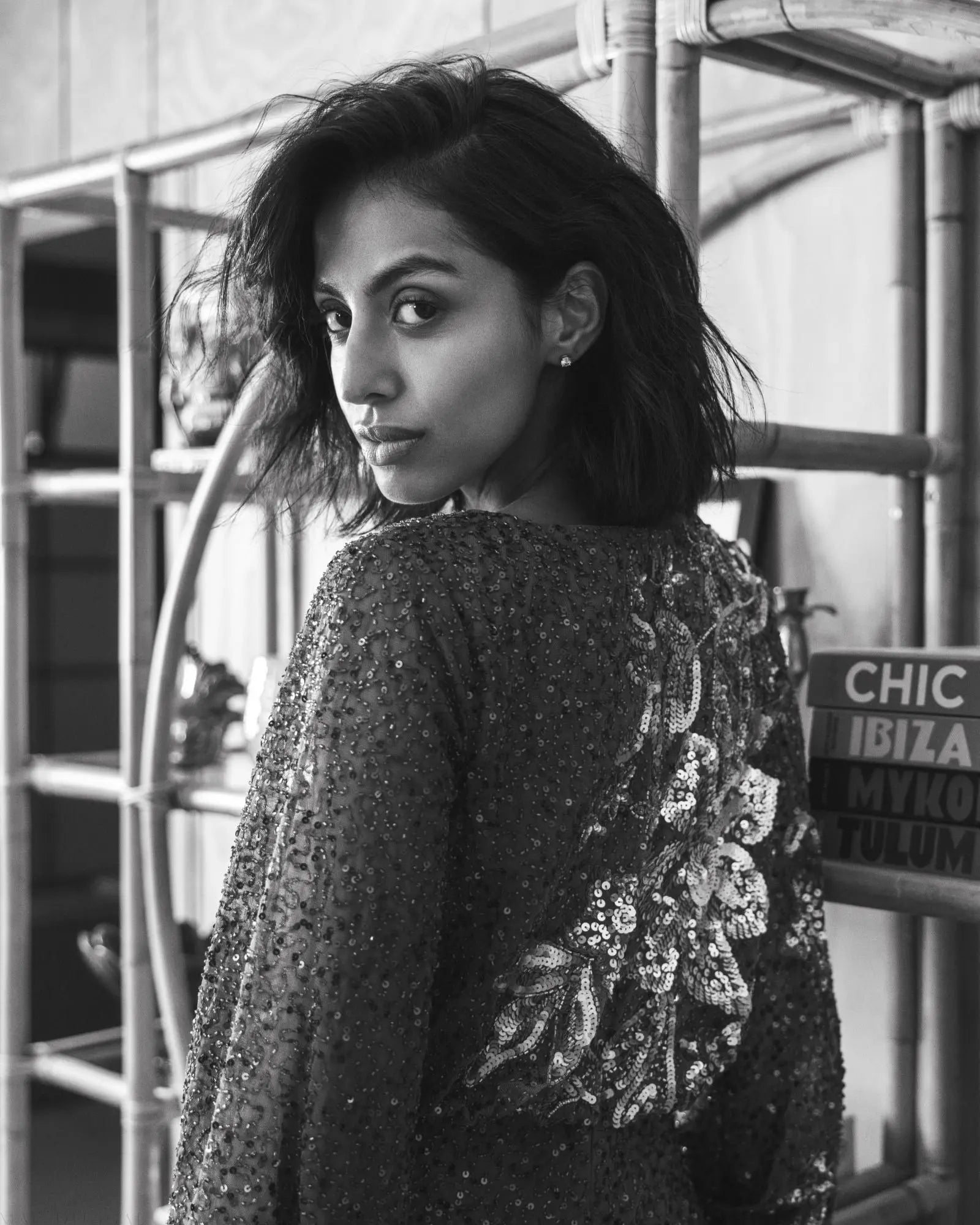 Brown High Neck Long Sleeve Sequin Gown