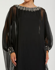 Black Long Sleeve Embellished Chiffon Kaftan Gown