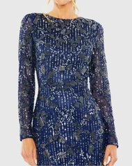Navy High Neck Long Sleeve Embellished Dress