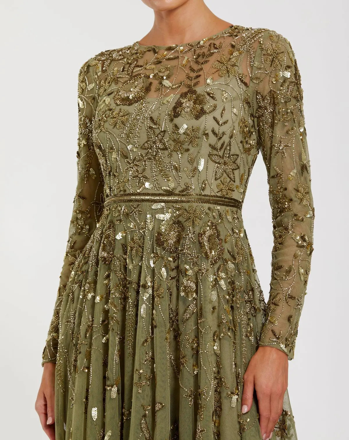 Green Long Sleeve Hand Embellished Floral A-line Gown