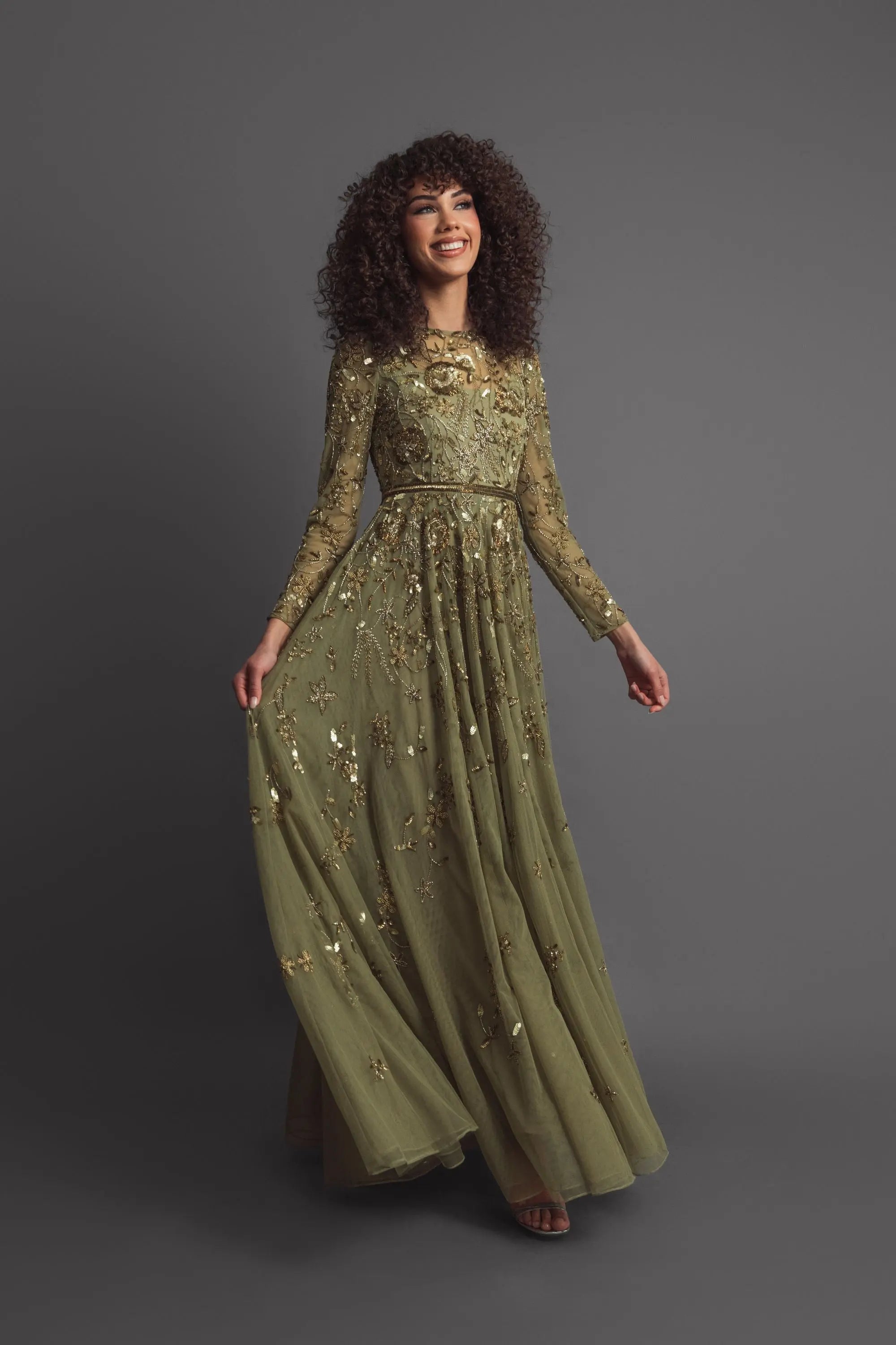 Green Long Sleeve Hand Embellished Floral A-line Gown