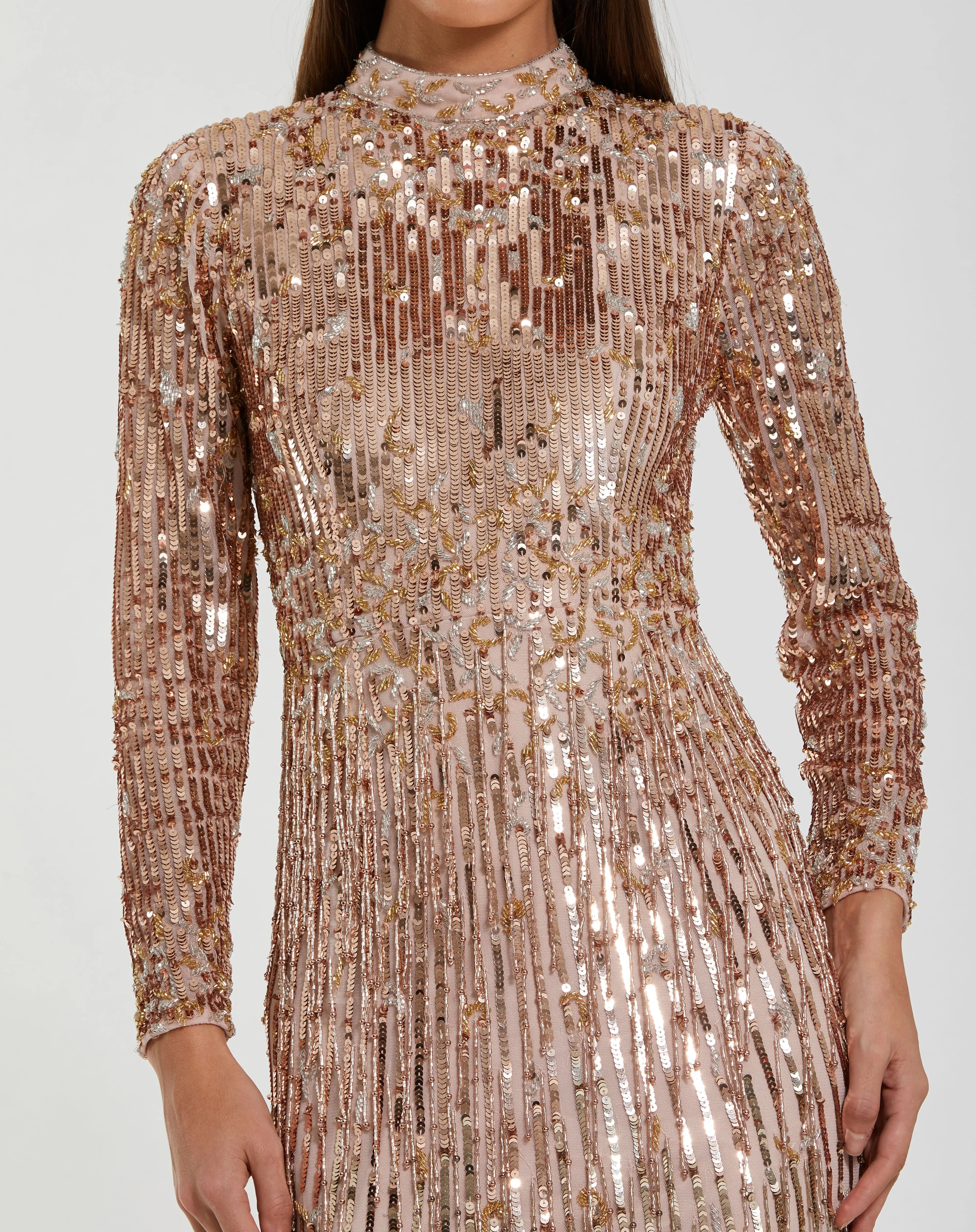 Pink Mock Neck Long Sleeve Fringe Embellished Column Gown