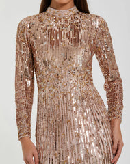 Pink Mock Neck Long Sleeve Fringe Embellished Column Gown