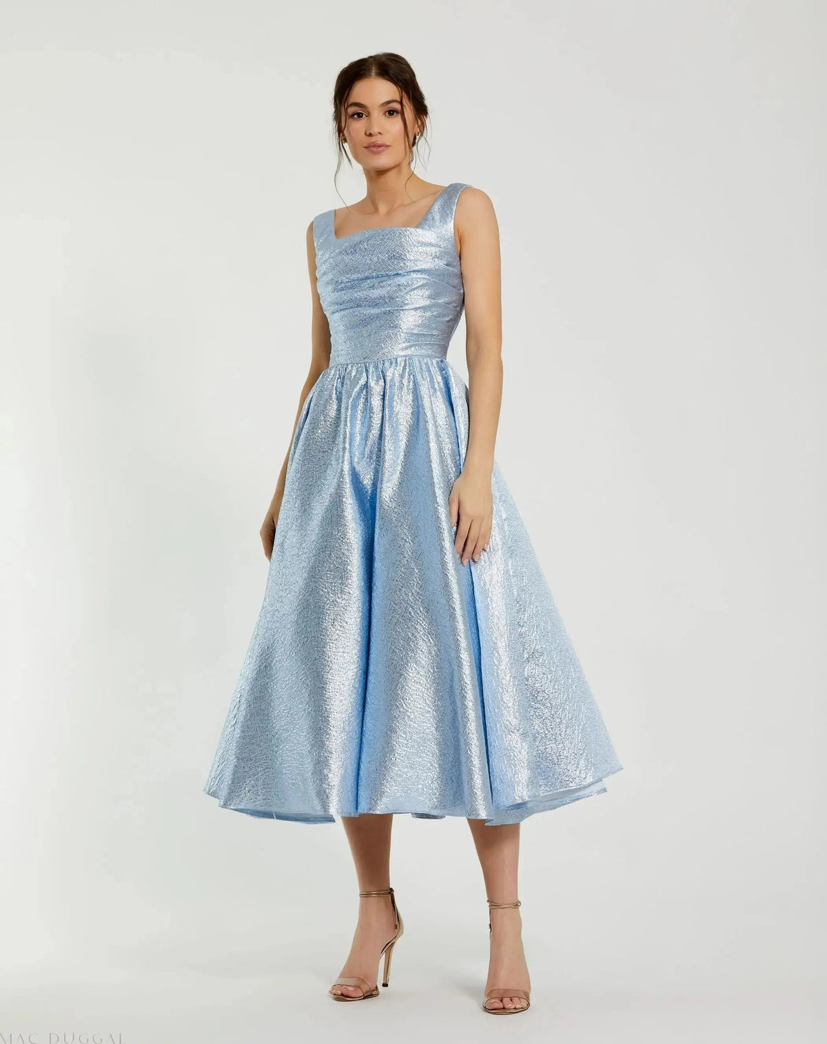 Blue Taffeta Square Neck Sleeveless A-Line Midi Dress