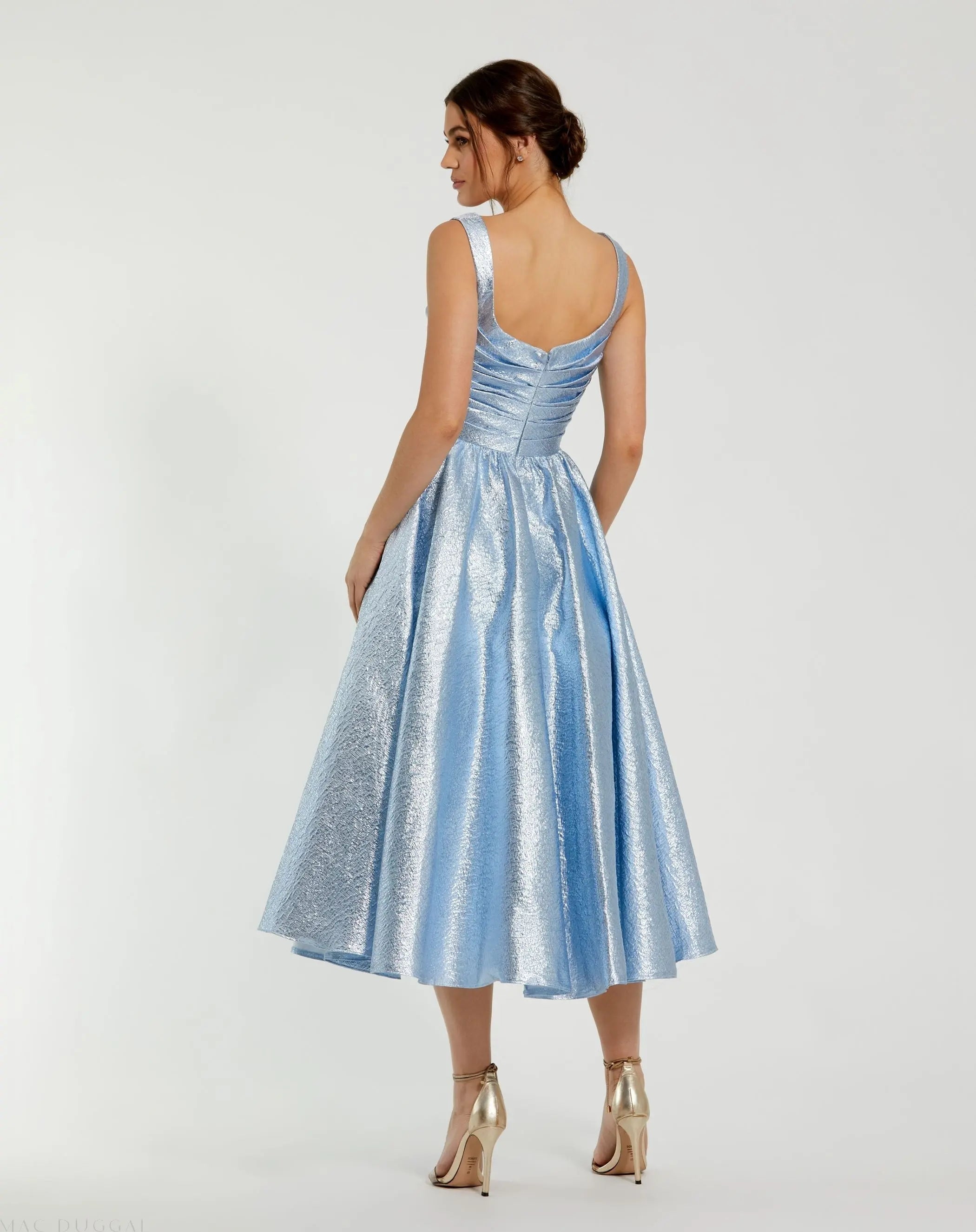 Blue Taffeta Square Neck Sleeveless A-Line Midi Dress