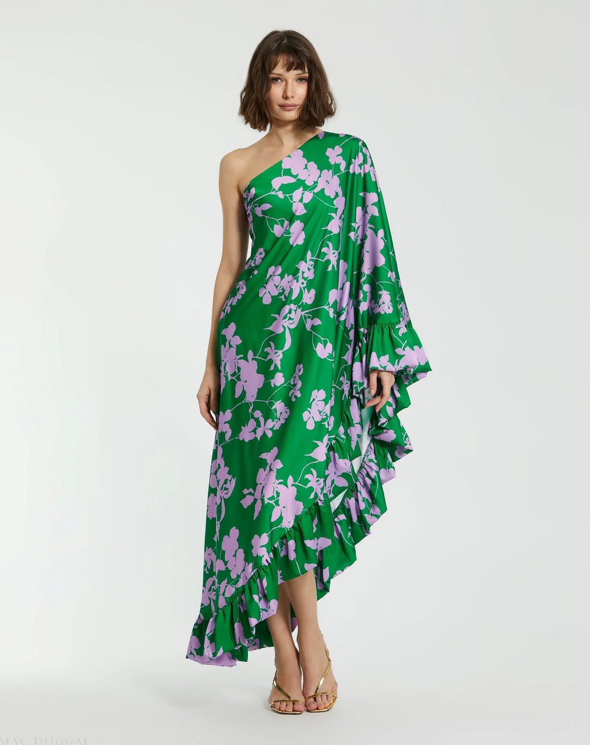 Green Printed Charmeuse One Shoulder Draped Gown