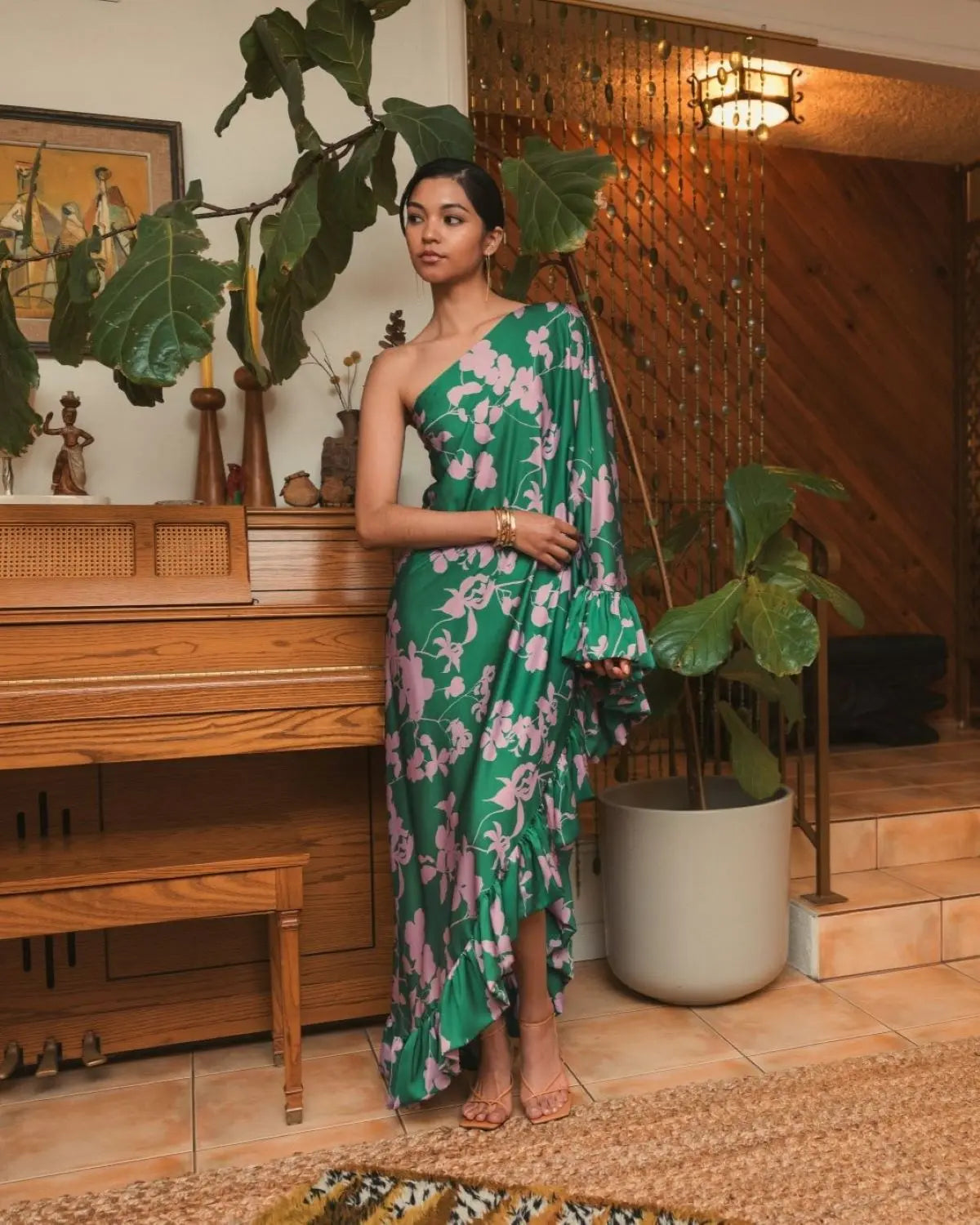 Green Printed Charmeuse One Shoulder Draped Gown