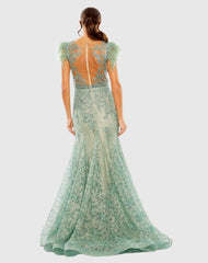 Green Embellished Feather Cap Sleeve Illusion Neck Trumpet Gown