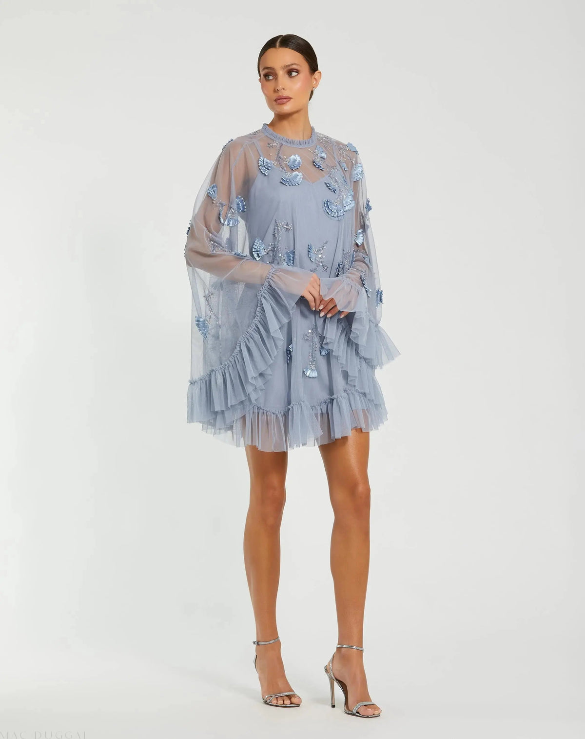 Blue Embellished Long Sleeve Trapeze Dress with Ruffle Hem